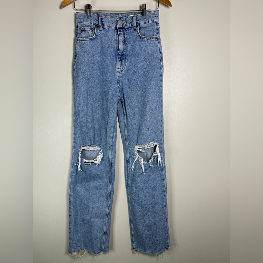Review Wide Leg Denim Jeans with Distressed Details - size 27 -‎ festival